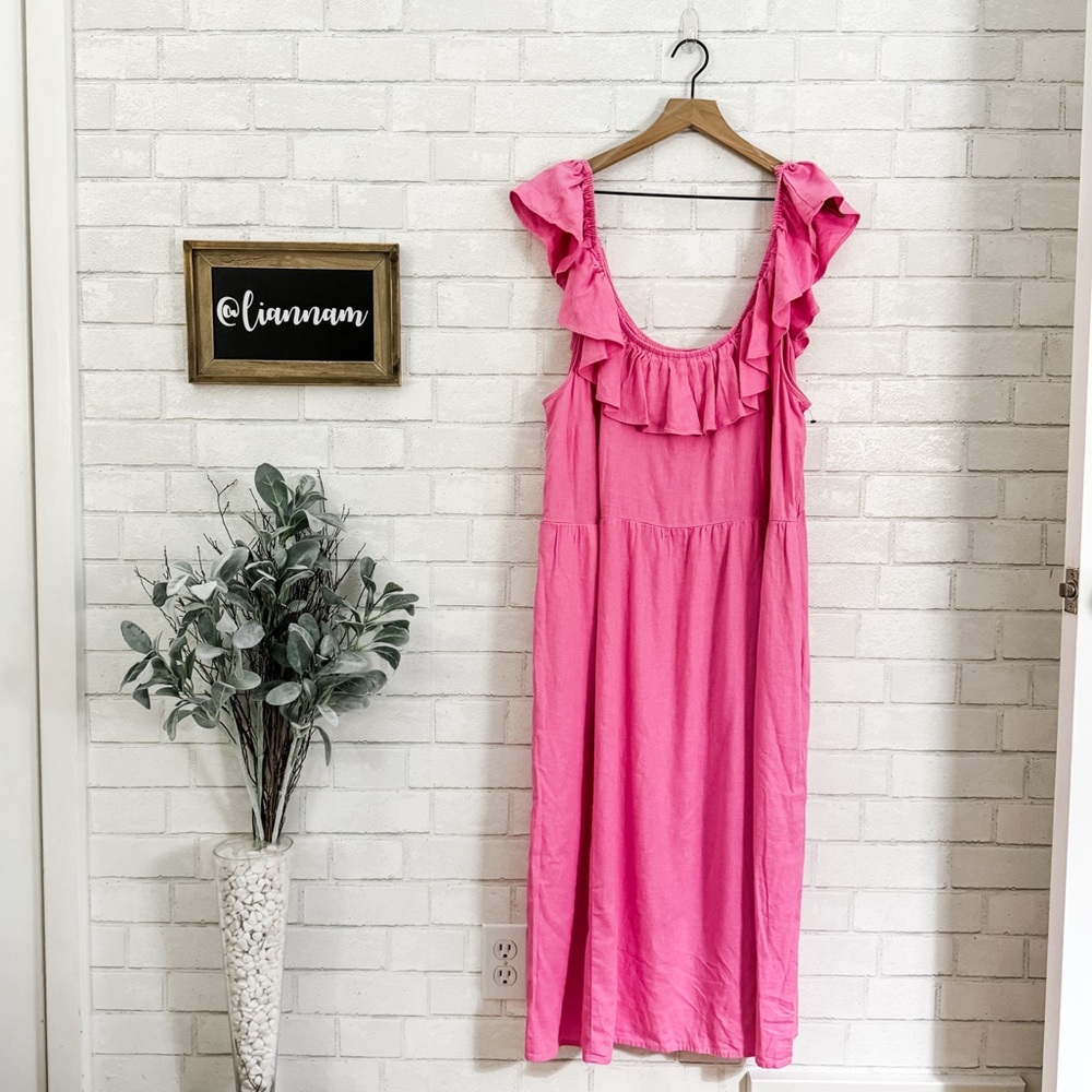 AVA & VIV Pink Ruffle Linen Empire Waist Dress - Picture 3 of 10